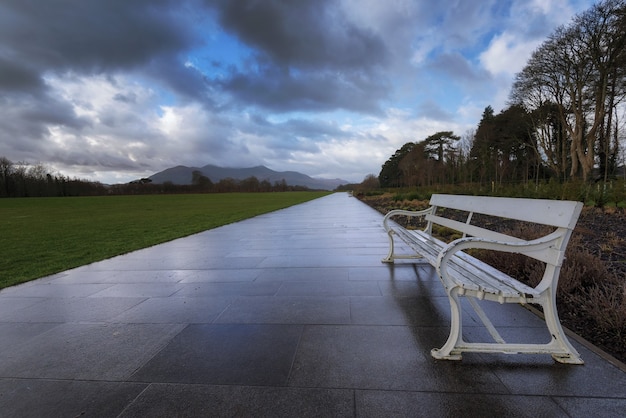 Camino de azulejos y bancos de metal tomadas en el Parque Nacional de Killarney en Killarney, condado de KerryIrelan