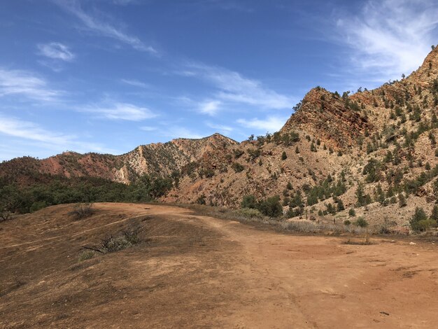 Camino cerca de montañas cubiertas de árboles bajo un cielo azul nublado