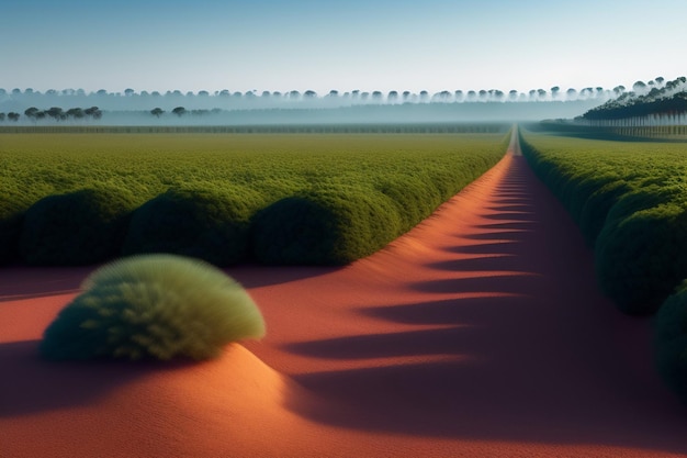 Foto gratuita un camino de tierra roja conduce a un campo verde con un bosque al fondo.