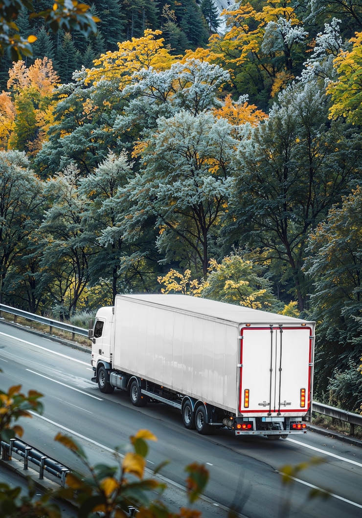 Foto gratuito camión de carga en blanco en la carretera