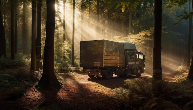 Camión que transporta carga a través de un paisaje neblinoso de montaña generado por IA