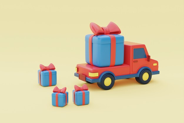 Camión rojo entregando regalos de navidad vista lateral