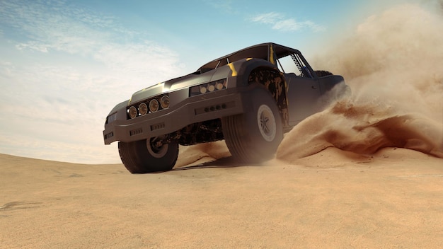 Camión de trofeos en el desierto Render 3d Ilustración