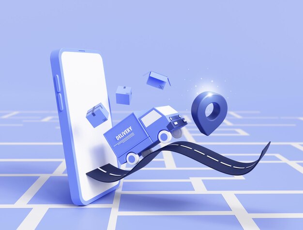 Los camiones de reparto en la carretera que sale del teléfono inteligente llevan productos al cliente en casa con el puntero de ubicación y el concepto de comercio electrónico de mensajes de chat de burbujas en la ilustración 3d de fondo azul