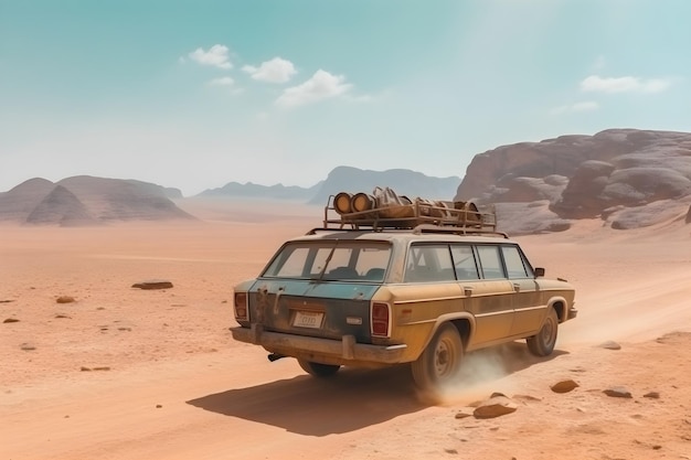 Foto gratuita camioneta cinematográfica viajando por el desierto