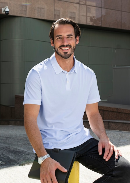 Camisa polo azul ropa casual al aire libre disparar