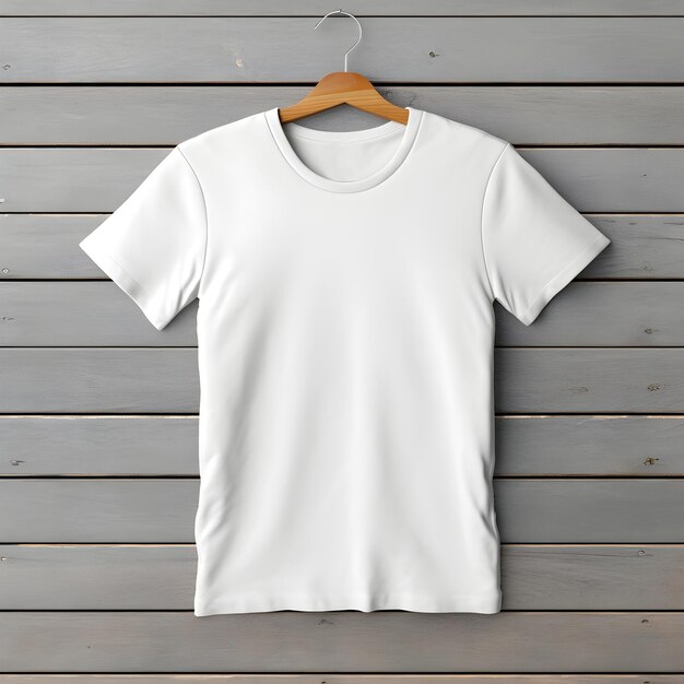 camiseta blanca abierta con percha sobre fondo de madera