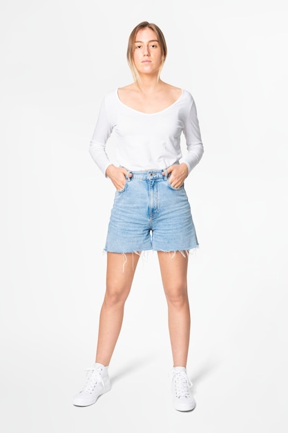 Camiseta de manga larga blanca ropa básica de mujer cuerpo completo