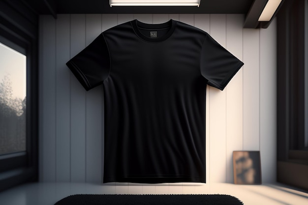 Una camiseta negra cuelga de un estante con la imagen de un hombre en la pared.