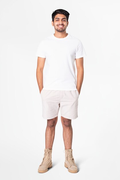 Camiseta y pantalones cortos blancos para hombre, ropa básica de cuerpo entero.