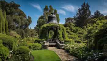 Foto gratuita un campanario en un jardín con una planta verde a la izquierda y una planta verde a la derecha.