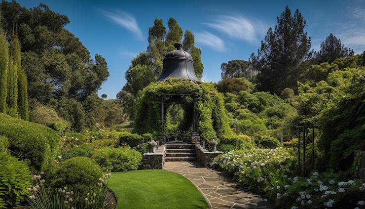 Foto gratuito un campanario en un jardín con una planta verde a la izquierda y una planta verde a la derecha.