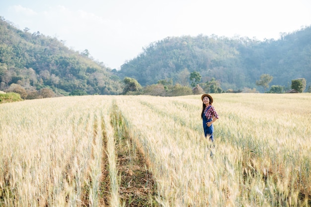 Campesina mujer con campo de cebada cosechando temporada.