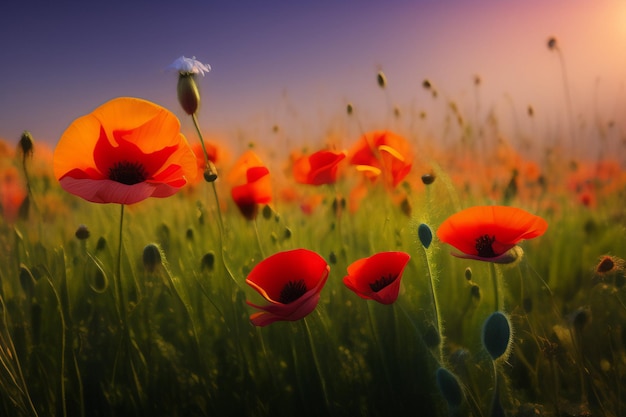 Un campo de amapolas con un fondo de cielo