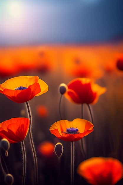 Un campo de amapolas rojas con un fondo azul.