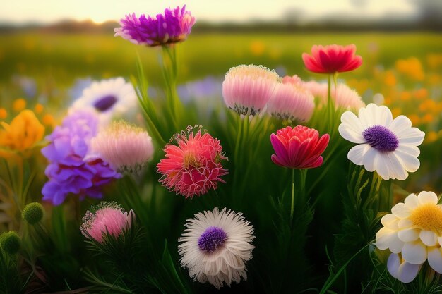 Un campo de flores con un atardecer de fondo