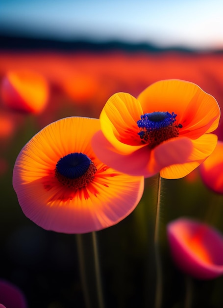 Foto gratuita un campo de flores con un fondo naranja y rosa brillante.