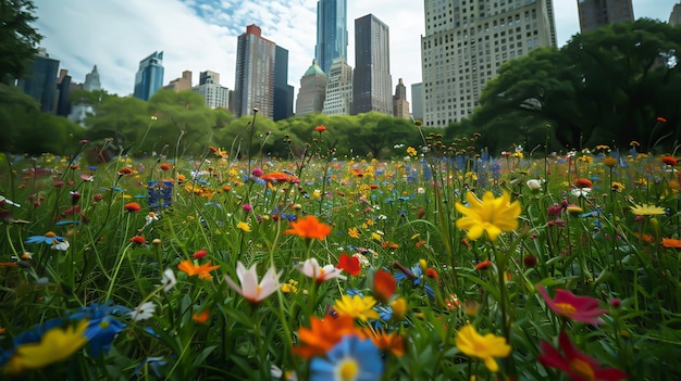 Foto gratuita un campo con flores en el medio de una ciudad