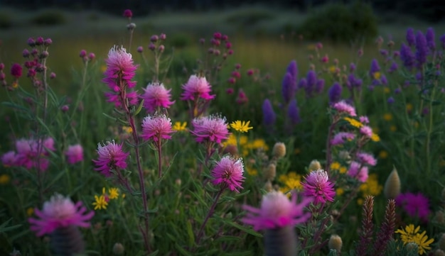 Un campo de flores moradas con flores amarillas y moradas en el fondo