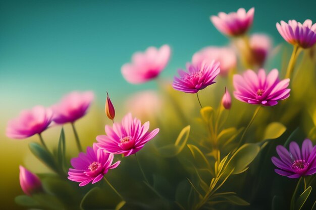 Un campo de flores rosadas con un fondo azul.