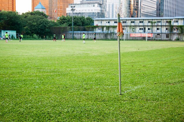 Campo de fútbol con bandera de colores