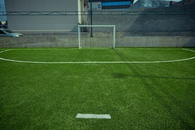 El campo de fútbol vacío y la hierba verde