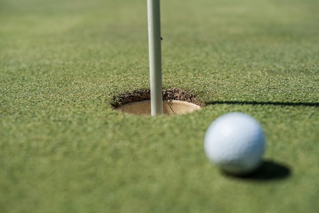 Campo de golf con pelota blanca cerca del hoyo