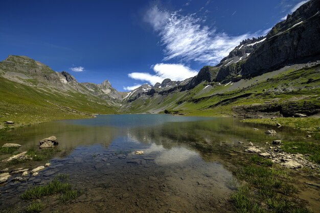 Campo de hierba verde cerca del lago bajo un cielo azul durante el día