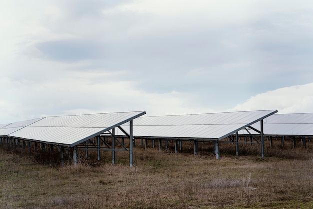 Campo con muchos paneles solares y espacio de copia.