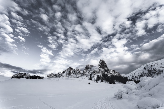 Campo de nieve con montaña