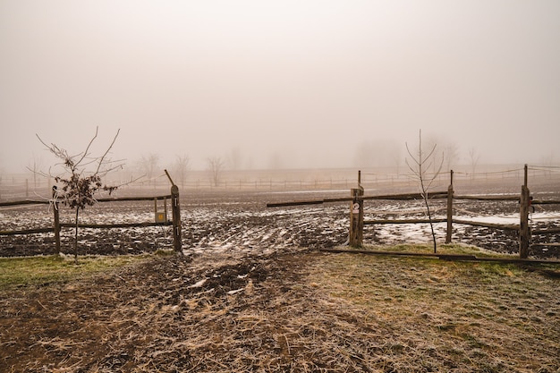 Campo vacío con vallas de madera y niebla