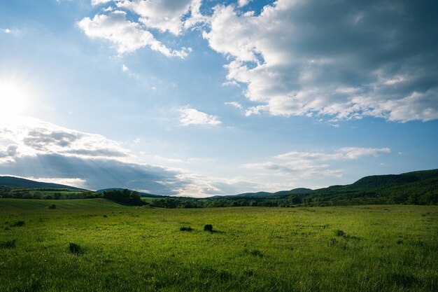 Campo verde con el cielo nublado de la mañana con colinas