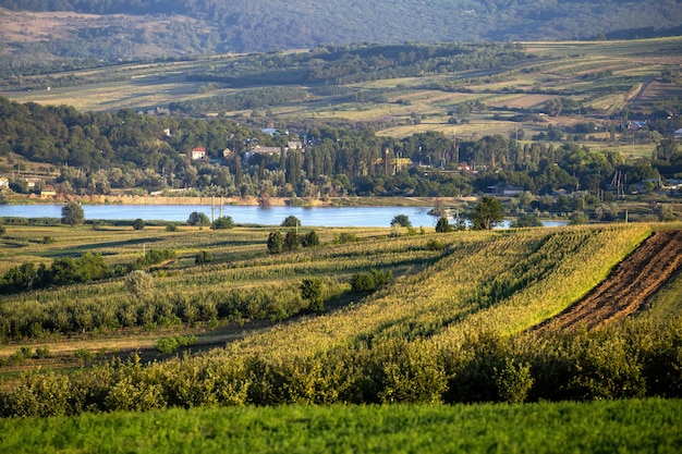 Campos sembrados, exuberante vegetación, un río que fluye en la distancia y un pueblo cerca de la costa en Moldavia