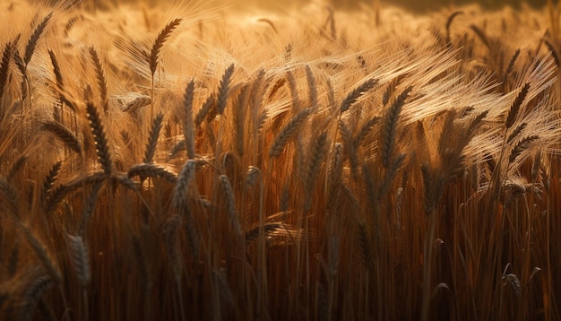 Los campos de trigo dorado brillan al atardecer de la cosecha generados por IA