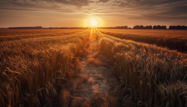 Campos de trigo dorados brillan al atardecer generados por IA