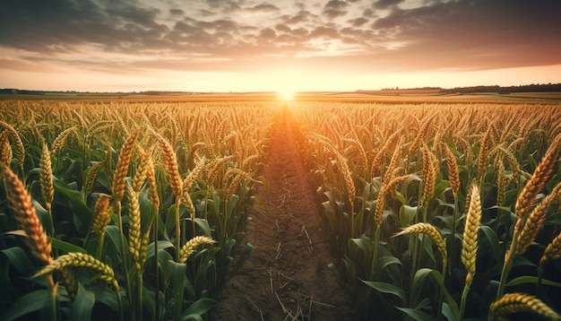 Campos de trigo dorados brillan al atardecer generados por IA