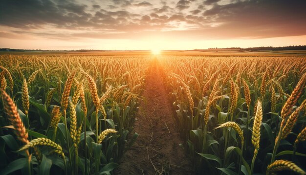 Campos de trigo dorados brillan al atardecer generados por IA