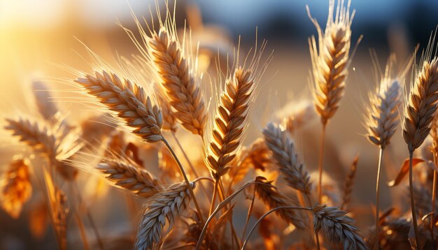 Campos de trigo dorados en la cosecha natural rural al atardecer generada por inteligencia artificial
