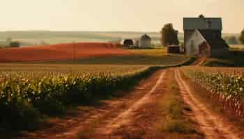 Foto gratuita campos de trigo verde en la belleza del atardecer de otoño generados por ia