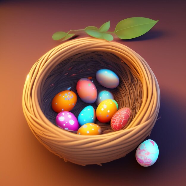 Una canasta de coloridos huevos de pascua se sienta en una mesa.
