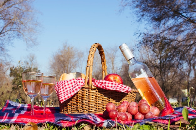 Foto gratuita canasta de picnic con dos copas de vino blanco.