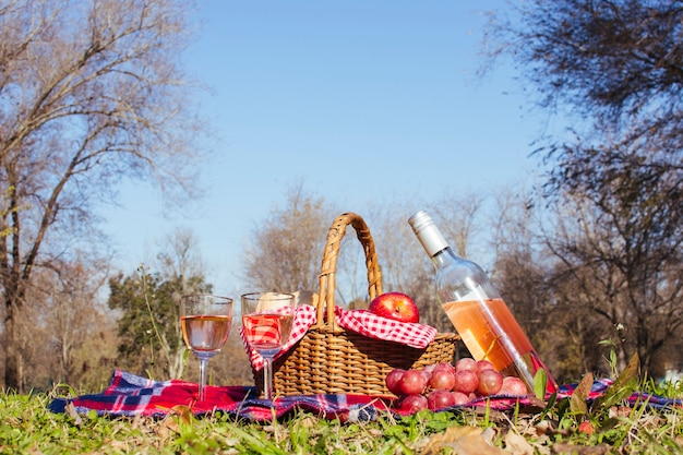 Canasta de picnic con dos copas de vino.