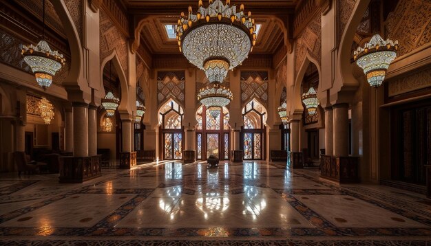 El candelabro adornado ilumina el majestuoso diseño elegante de la mezquita generado por IA