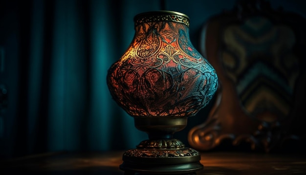 Un candelabro antiguo ilumina la decoración de un jarrón de vidrio ornamentado generado por IA