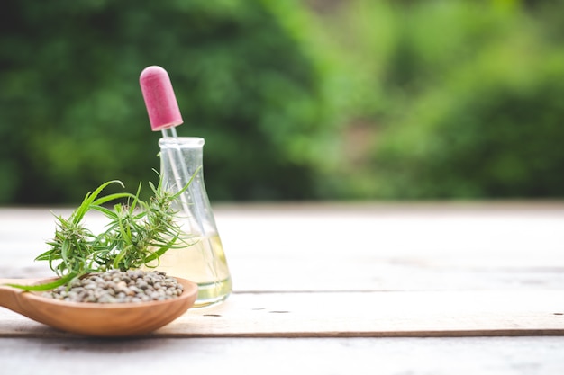 Foto gratuita cannabis, semillas de cannabis, aceite de cannabis colocado en un piso de madera con un árbol verde en el fondo.