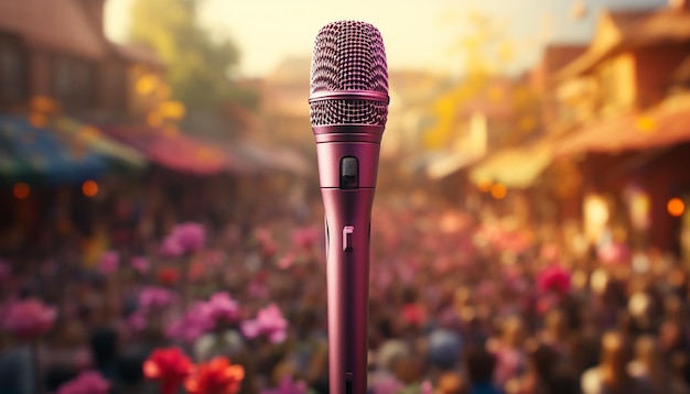 Foto gratuita cantante actuando en el micrófono del escenario en el centro de atención cautivando a la audiencia generada por inteligencia artificial