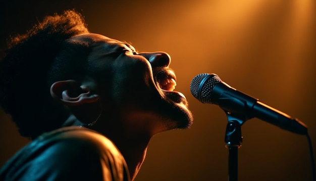 Cantante adulta joven interpreta música rock en el escenario IA generativa