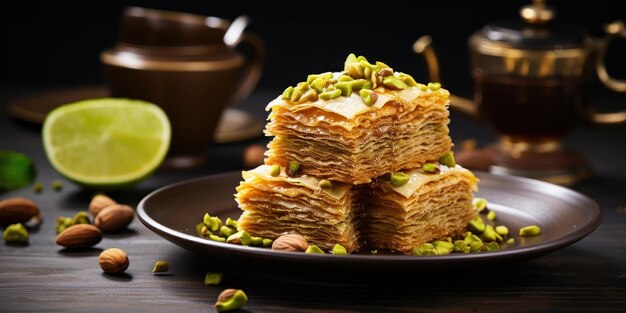 Capas de baklava brillantes con jarabe y salpicadas de nueces