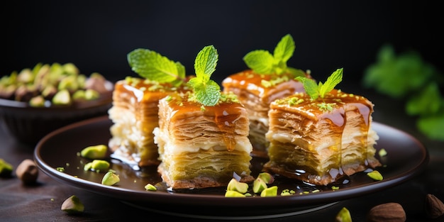 Foto gratuita capas de baklava brillantes con jarabe y salpicadas de nueces