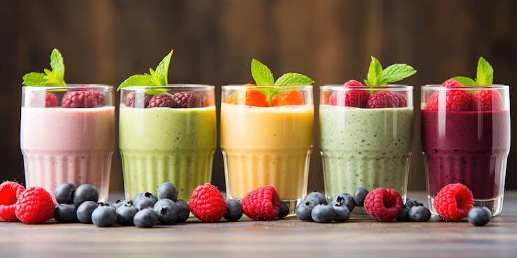 Foto gratuito capas de batidos de bayas y semillas de chía coloridos y saludables